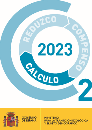 Logo del Gobierno de España que promueve la reducción y compensación de emisiones en 2023.