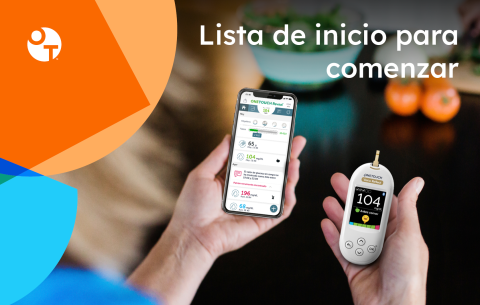 Pantalla de teléfono y dispositivo ONETOUCH mostrando niveles de glucosa.