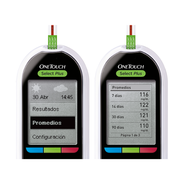 Pantalla promedios del Medidor de Glucosa en Sangre OneTouch Select® Plus